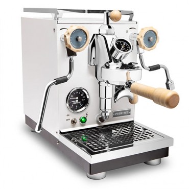 Profitec Pro 400 Espresso Machine in Matte White with Flow Control and Tiger Maple