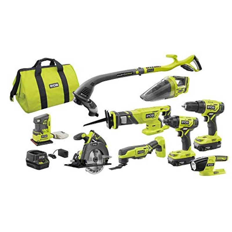 RYOBI 18V ONE+ Lithium-Ion Cordless 9-Tool Combo Kit P1869 with Batteries, Charger